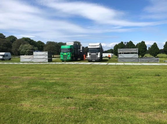 Bellahouston Park GF50 live music area Fence panels and artic on GF50 units